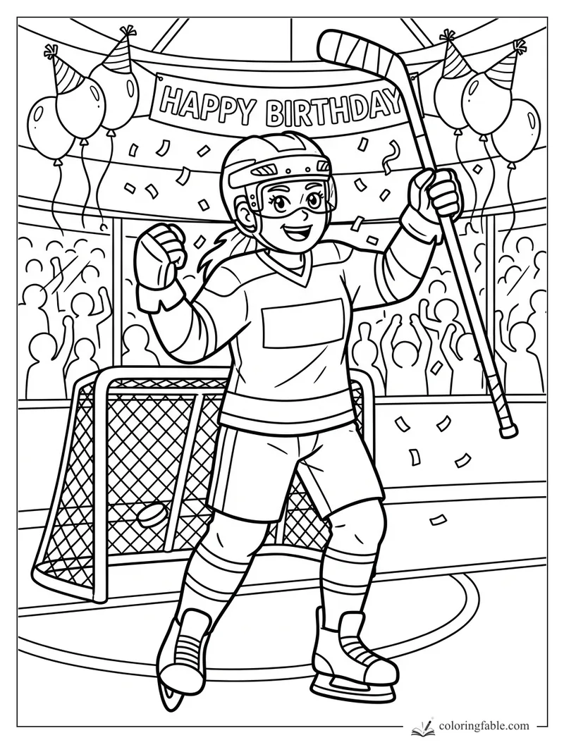 Cartoon hockey player celebrating a birthday goal with balloons, banner, confetti, net, and cheering fans