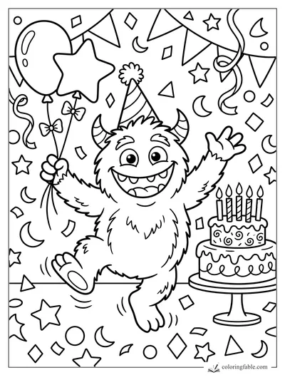 Cute furry monster in a party hat dancing beside a birthday cake, balloons, stars, streamers, and bunting.