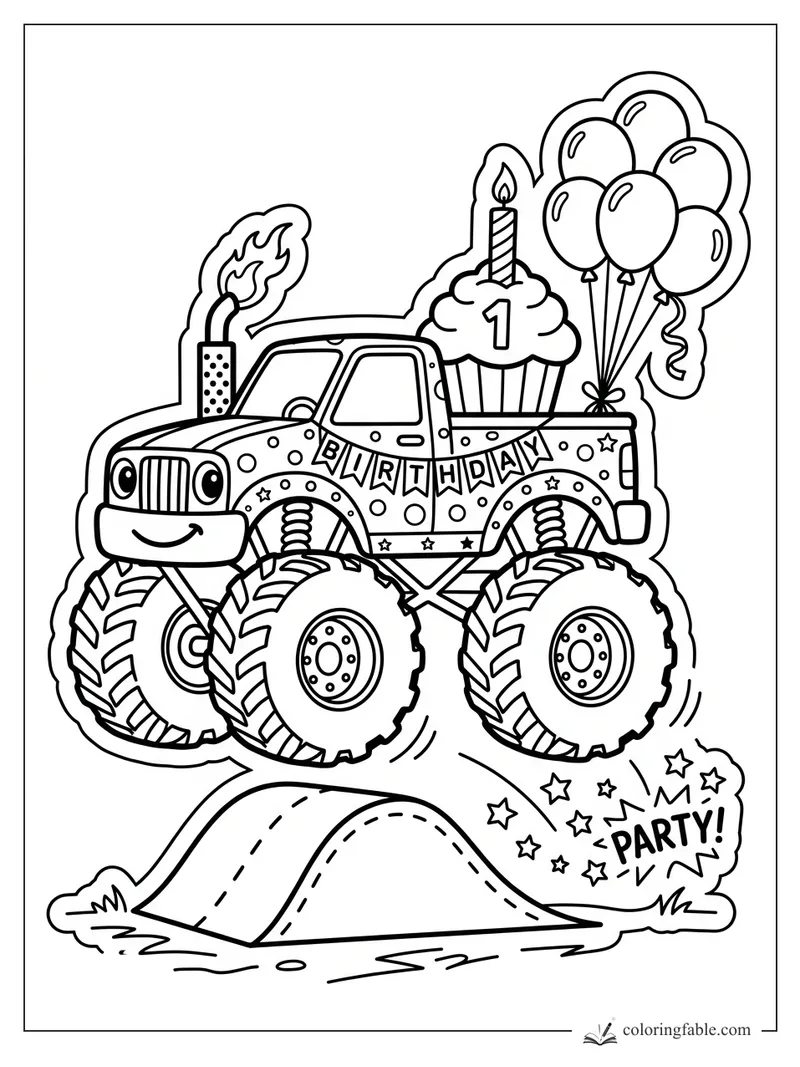 Smiling birthday monster truck jumping over a ramp with cupcake, balloons, banner, and party stars