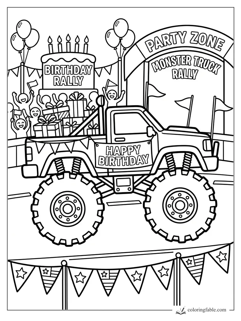 Birthday monster truck with gifts, balloons, cheering kids, and a Party Zone rally arch