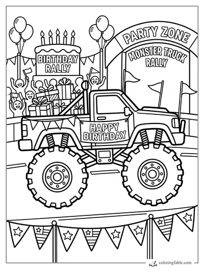 Birthday monster truck with gifts, balloons, cheering kids, and a Party Zone rally arch
