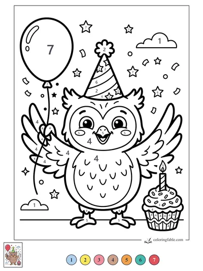 Birthday Owl with Balloon and Cupcake — color by number