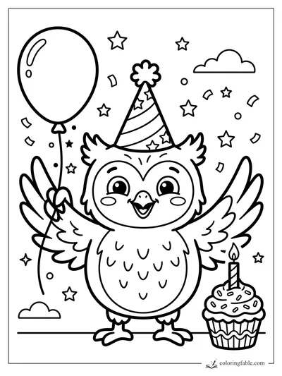 Happy owl in a party hat holding a balloon beside a candle cupcake, stars, confetti, and clouds.