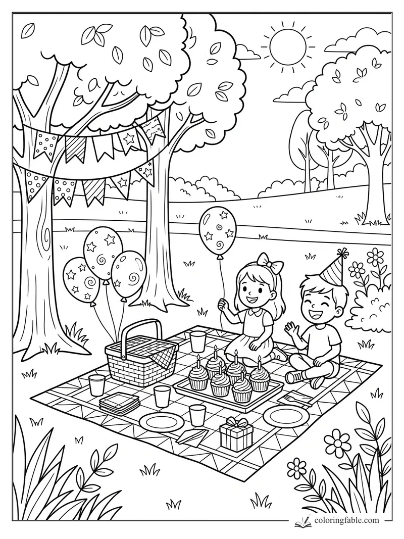 Kids at a park birthday picnic with cupcakes, balloons, pennant banners, gift, basket, trees, and sunny sky