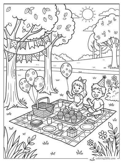 Kids at a park birthday picnic with cupcakes, balloons, pennant banners, gift, basket, trees, and sunny sky