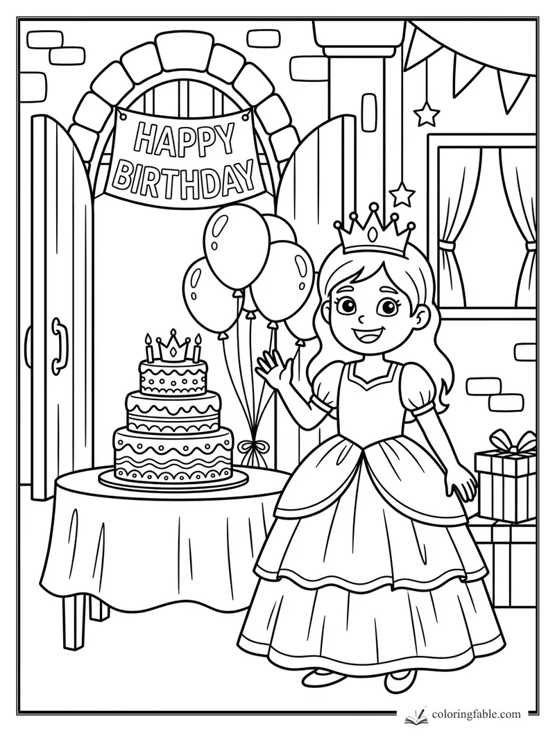 Cartoon birthday princess beside a tiered cake, balloons, gifts, banner, and open castle doors.