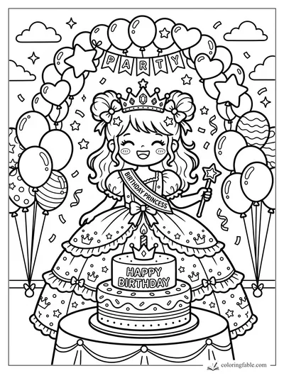 Kawaii birthday princess with crown, wand, tiered cake, party banner, balloons, stars, and confetti.