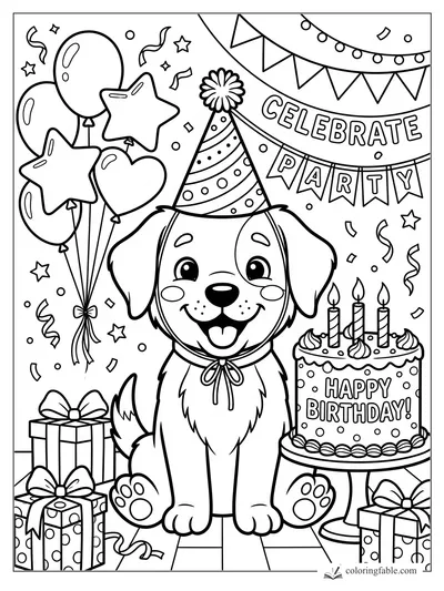 Cartoon puppy in party hat with balloons, birthday cake, presents, banners, and confetti