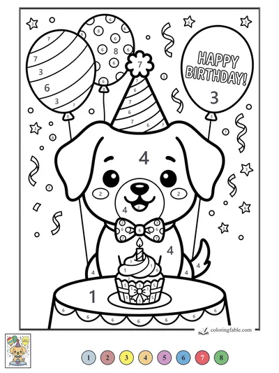 Birthday Puppy With Balloons and Cupcake — color by number