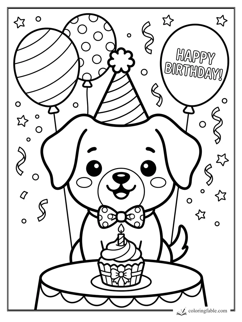 Kawaii puppy in a party hat with balloons, confetti, and a birthday cupcake on a table.