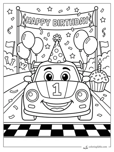 Cartoon race car wearing a party hat under a Happy Birthday banner, with balloons, confetti, and cupcake
