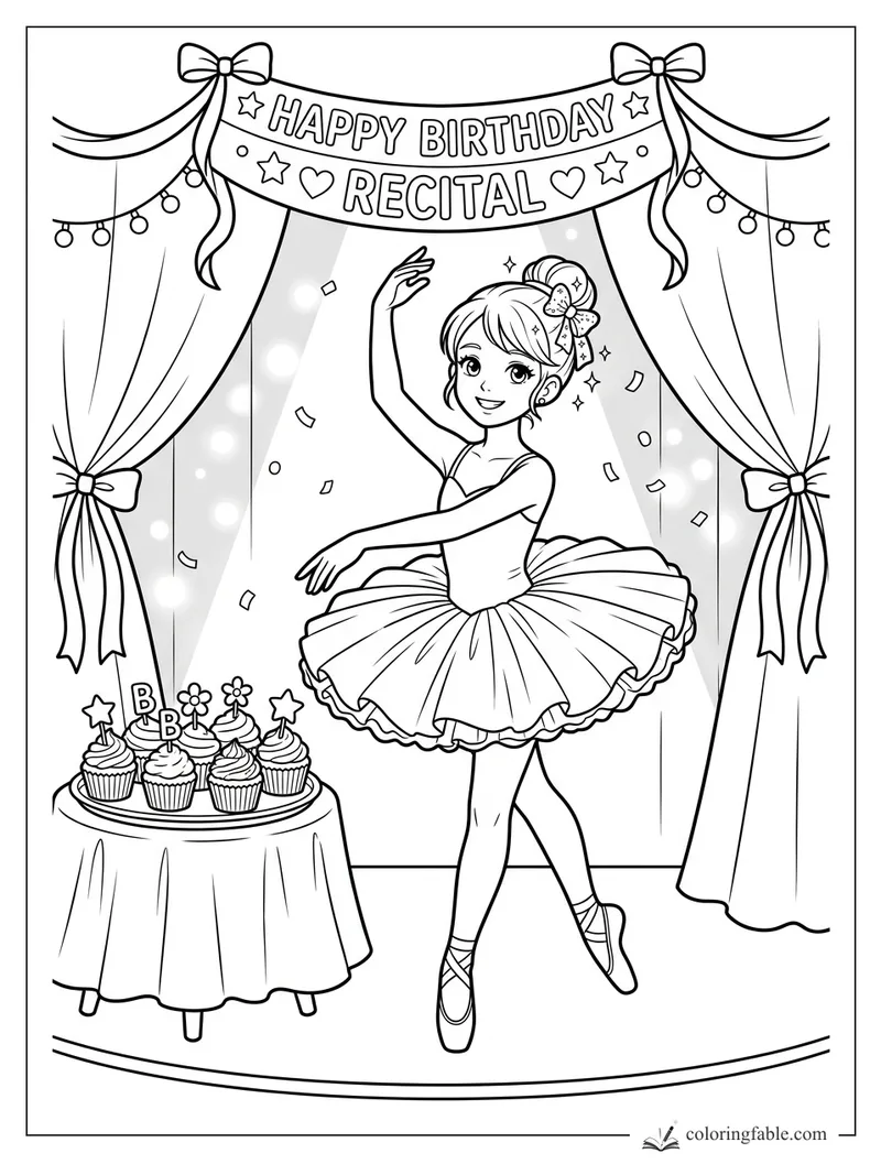 Manga ballerina dancing under a Happy Birthday Recital banner with cupcakes, curtains, and confetti.