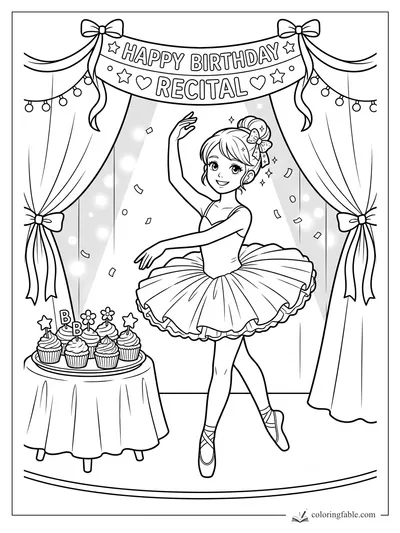 Manga ballerina dancing under a Happy Birthday Recital banner with cupcakes, curtains, and confetti.