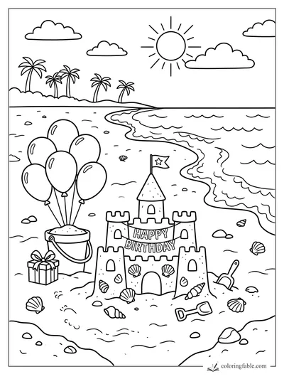 Birthday sandcastle with balloons, gift, shells, shovels, waves, palm trees, sun, and clouds on a beach.