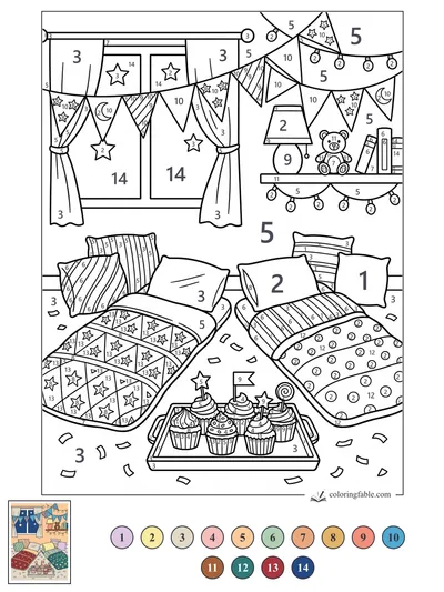 Birthday Sleepover with Cupcakes and Star Bunting — color by number