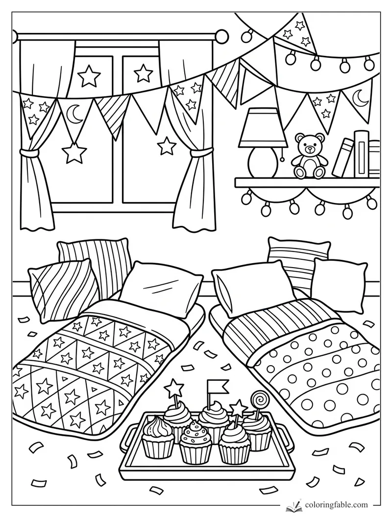 Birthday sleepover room with two beds, cupcake tray, star bunting, teddy bear, and a number 5 candle.
