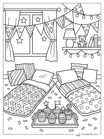Birthday sleepover room with two beds, cupcake tray, star bunting, teddy bear, and a number 5 candle.