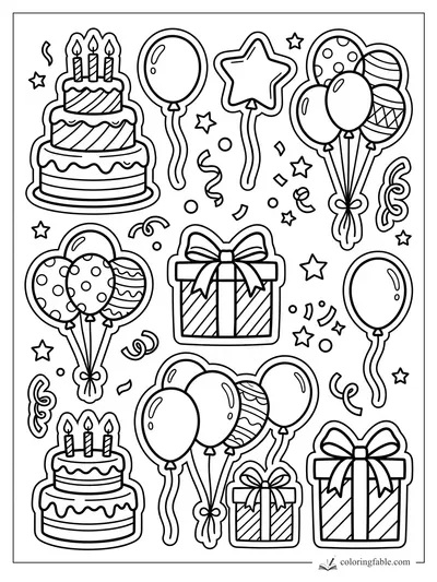 Birthday sticker coloring page with cakes, balloon bunches, star wand, gifts, confetti, and candles.