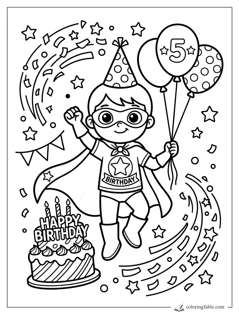 Birthday superhero in cape holding number 5 balloons beside cake, stars, streamers, and confetti