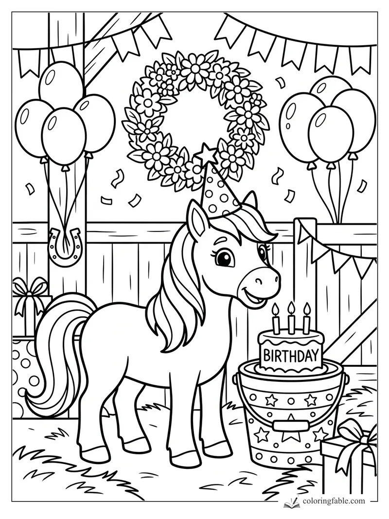 Smiling unicorn in a party hat beside a birthday cake, balloons, flower wreath, bunting, gifts, and horseshoe.