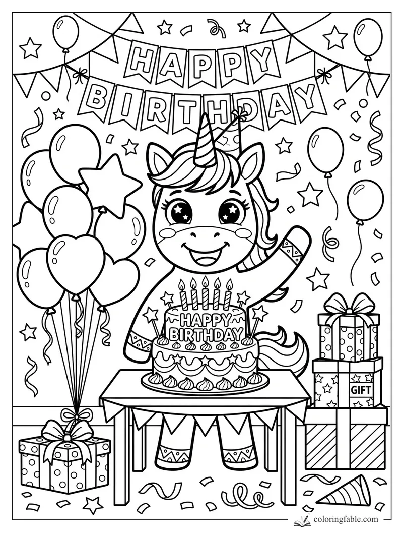 Cartoon unicorn at a birthday table with cake, balloons, gifts, banners, stars, and confetti.