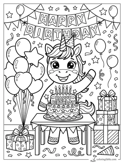 Cartoon unicorn at a birthday table with cake, balloons, gifts, banners, stars, and confetti.