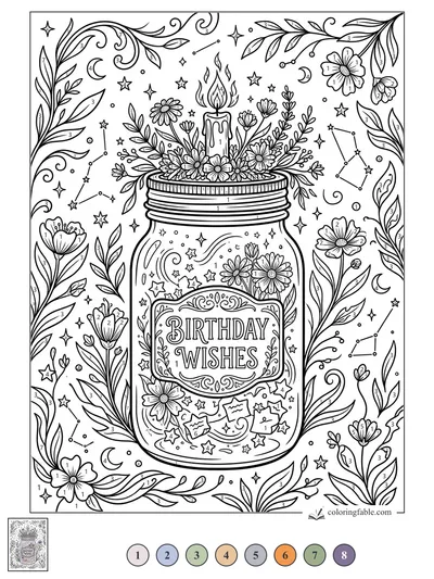 Birthday Wishes Jar with Candlelit Wildflowers — color by number