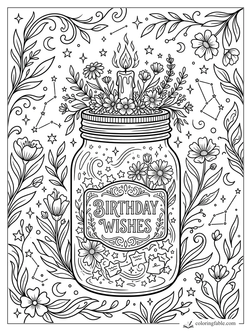 Intricate birthday wishes jar with candle, wildflowers, stars, moons, constellations, and leafy border