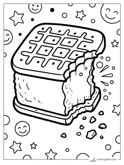 Cartoon ice cream sandwich with a big bite, waffle top, crumbs, stars, dots, and smiling faces.