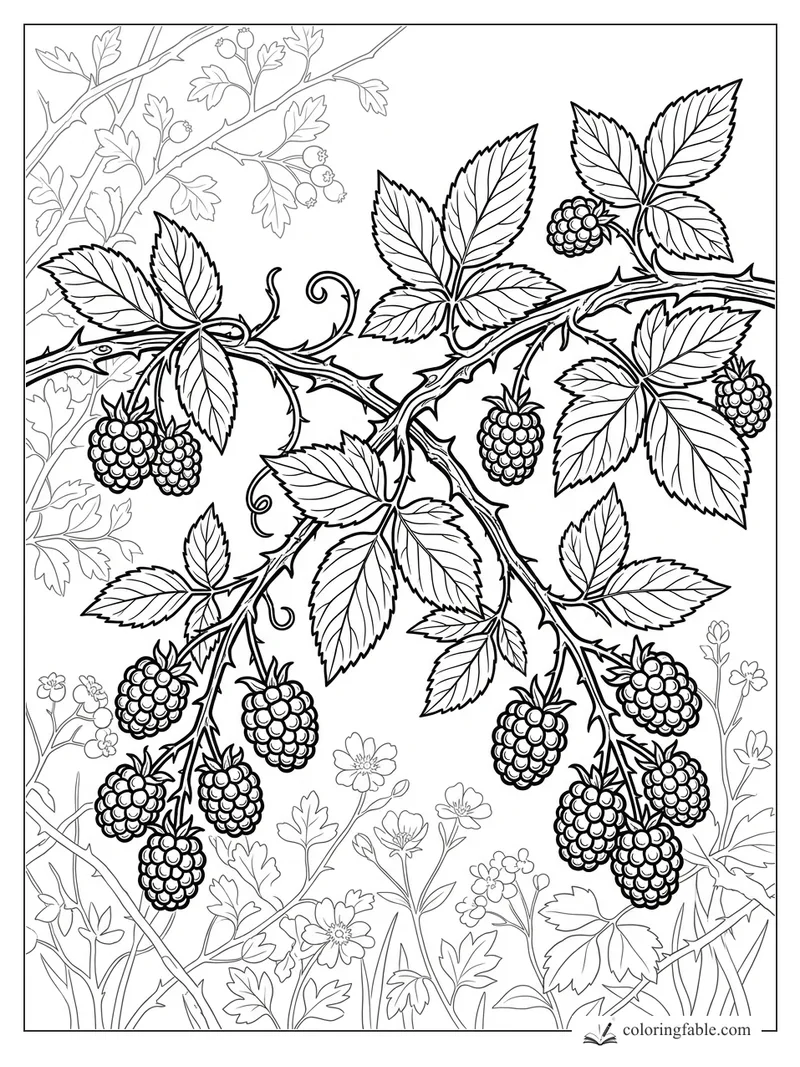 Realistic blackberry bramble coloring page with thorny canes, berry clusters, serrated leaves, and wildflowers.