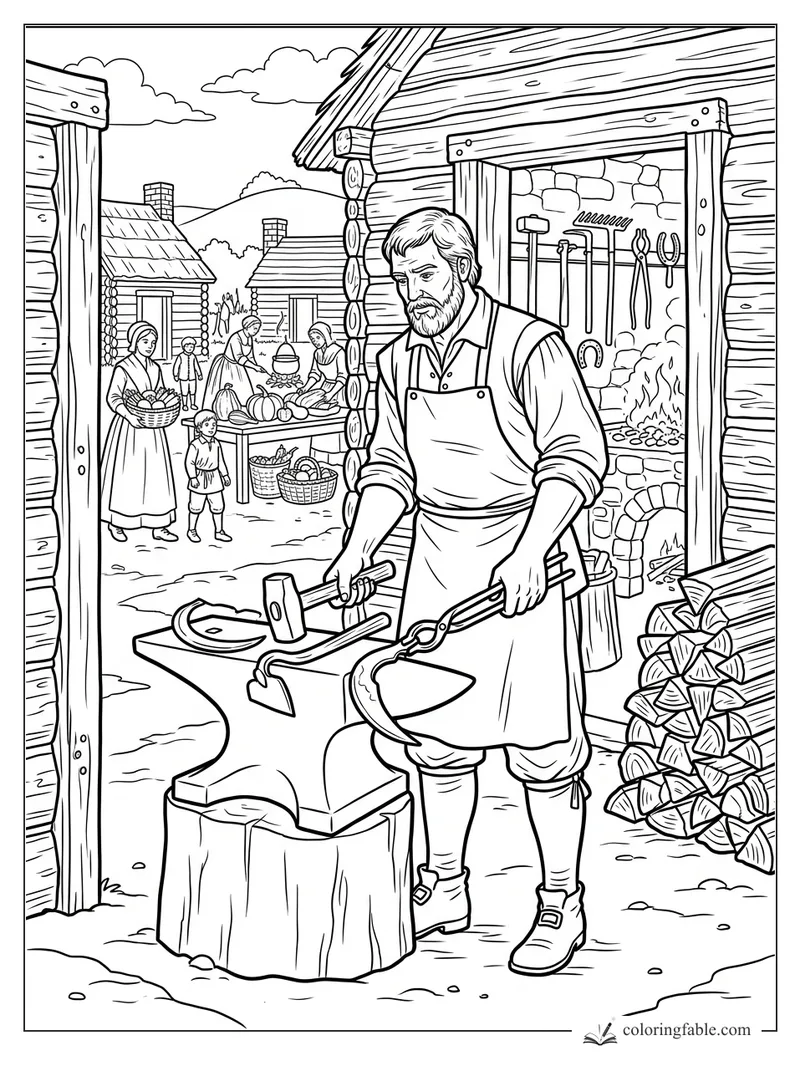Blacksmith hammers a sickle by a log forge while villagers prepare a Thanksgiving harvest nearby.