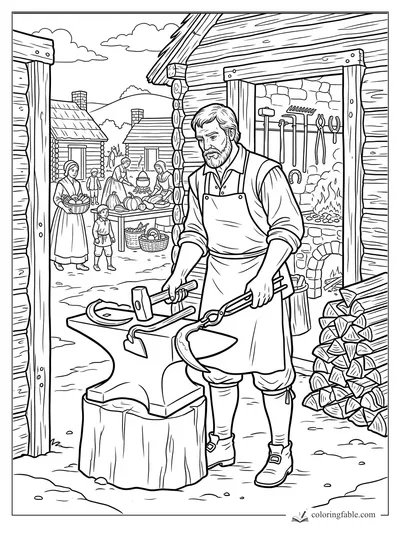 Blacksmith hammers a sickle by a log forge while villagers prepare a Thanksgiving harvest nearby.