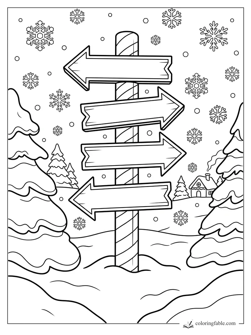 Christmas coloring page with blank arrow signpost, candy cane pole, snowflakes, fir trees, and a tiny cabin