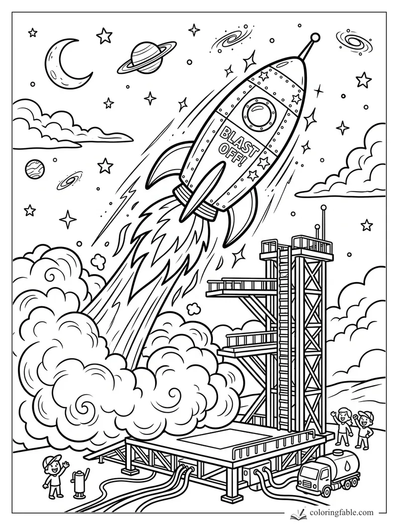 Cartoon rocket labeled Blast Off launching past a tower, clouds, stars, moon, planets, and waving kids.