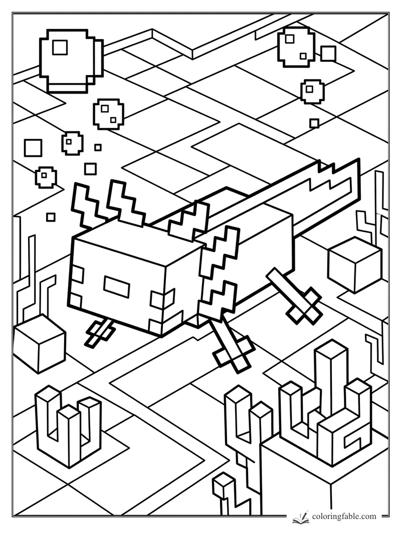 Geometric axolotl swimming through a cubed reef city with square bubbles and block coral shapes