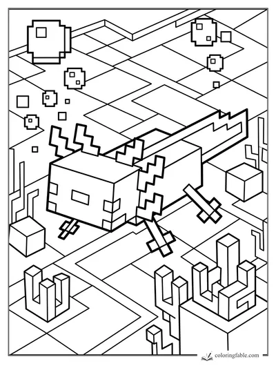 Geometric axolotl swimming through a cubed reef city with square bubbles and block coral shapes