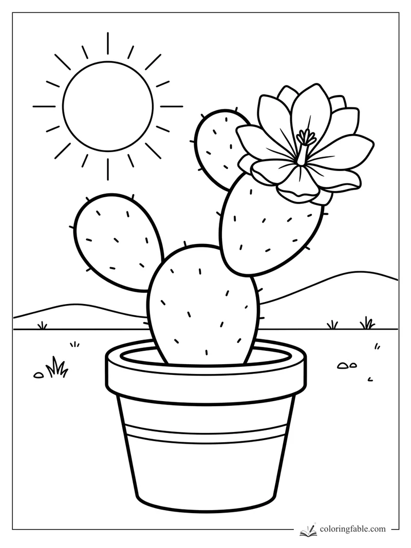 Easy coloring page of a potted prickly pear cactus with a large flower, sun, hills, grass, and pebbles.
