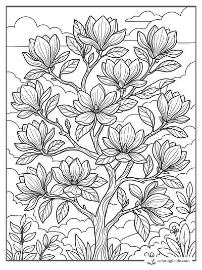 Floral magnolia tree coloring page with large blossoms, veined leaves, curving trunk, and clouds