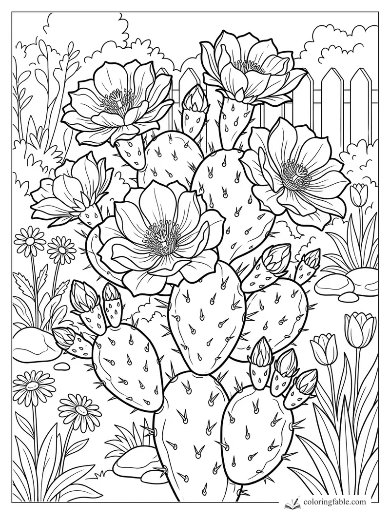 Prickly pear cactus with large blossoms, buds, daisies, tulips, rocks, shrubs, and a picket fence.