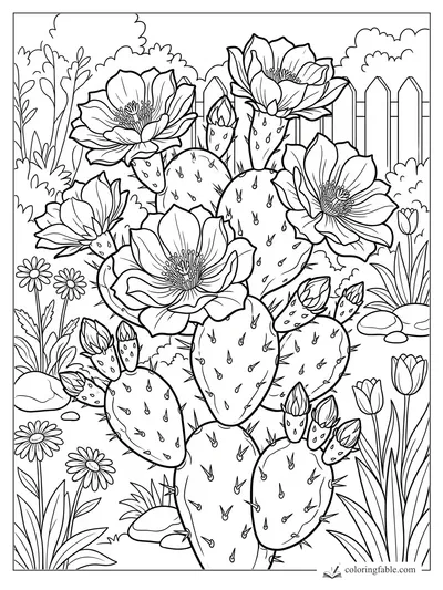 Prickly pear cactus with large blossoms, buds, daisies, tulips, rocks, shrubs, and a picket fence.