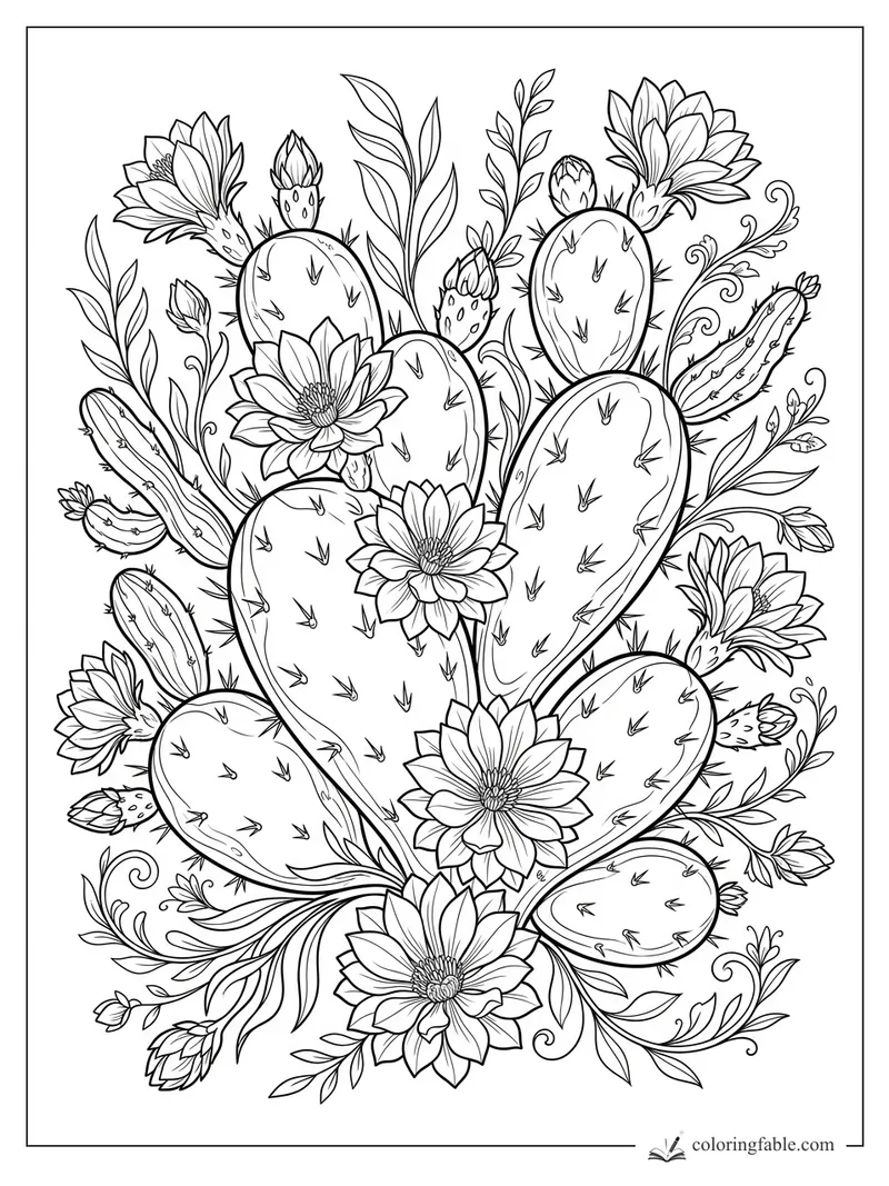 Floral prickly pear cactus coloring page with oval pads, spines, buds, leaves, and large layered blossoms.