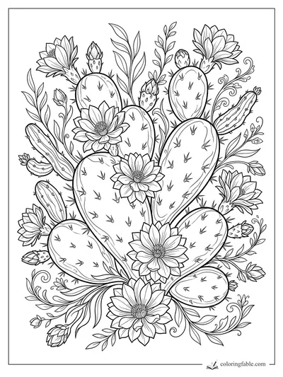 Floral prickly pear cactus coloring page with oval pads, spines, buds, leaves, and large layered blossoms.