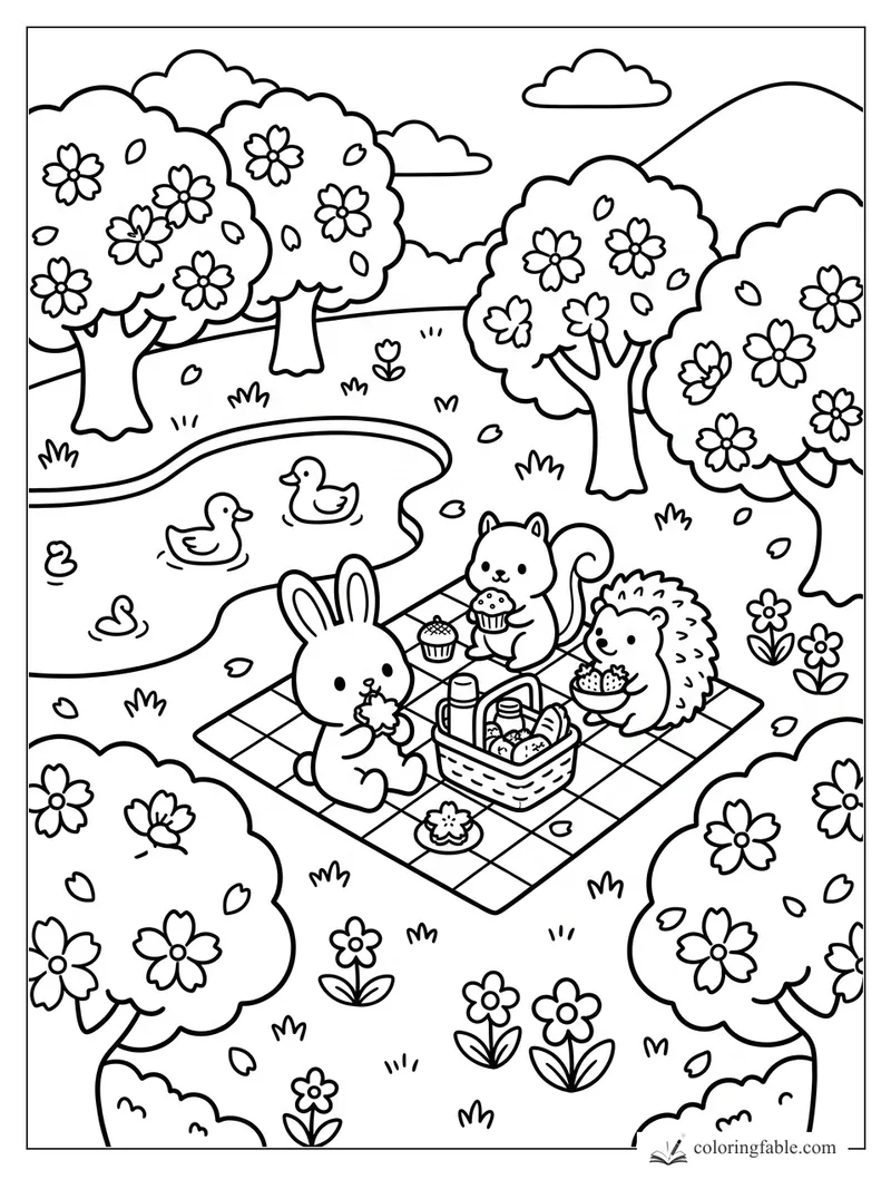 Bunny, squirrel, and hedgehog picnic by a duck pond under flowering trees.