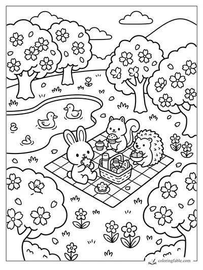 Bunny, squirrel, and hedgehog picnic by a duck pond under flowering trees.