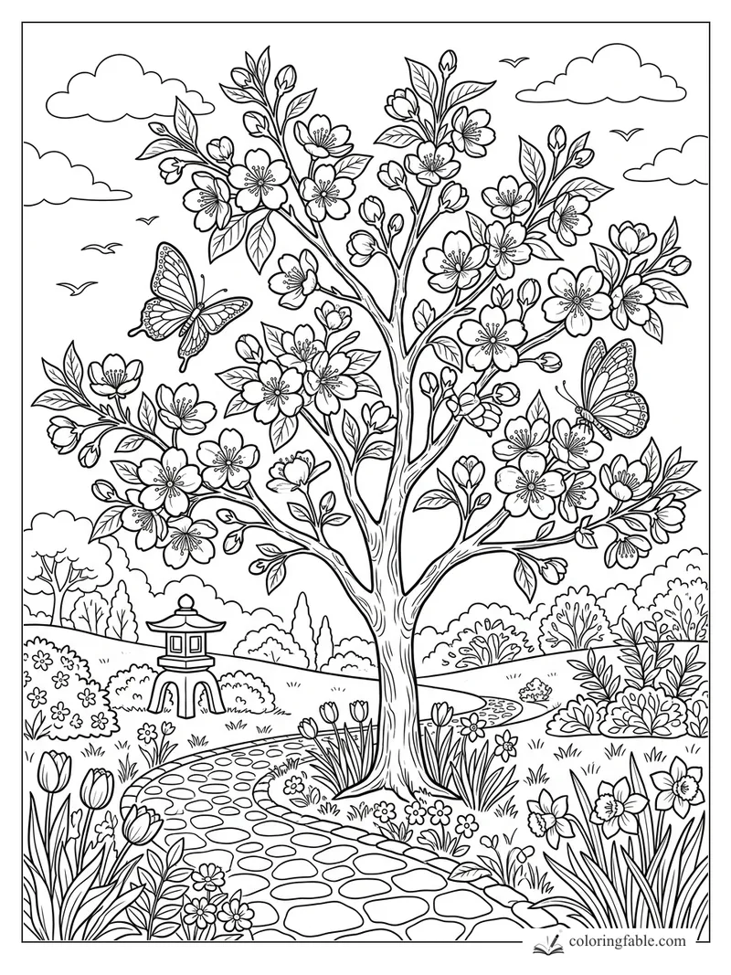 Floral tree coloring page with blossoms, butterflies, garden path, stone lantern, clouds, and birds.