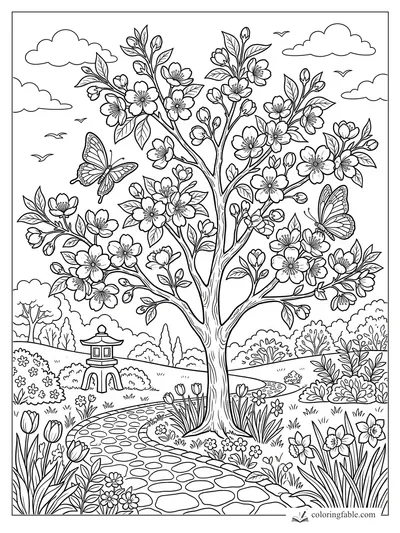Floral tree coloring page with blossoms, butterflies, garden path, stone lantern, clouds, and birds.