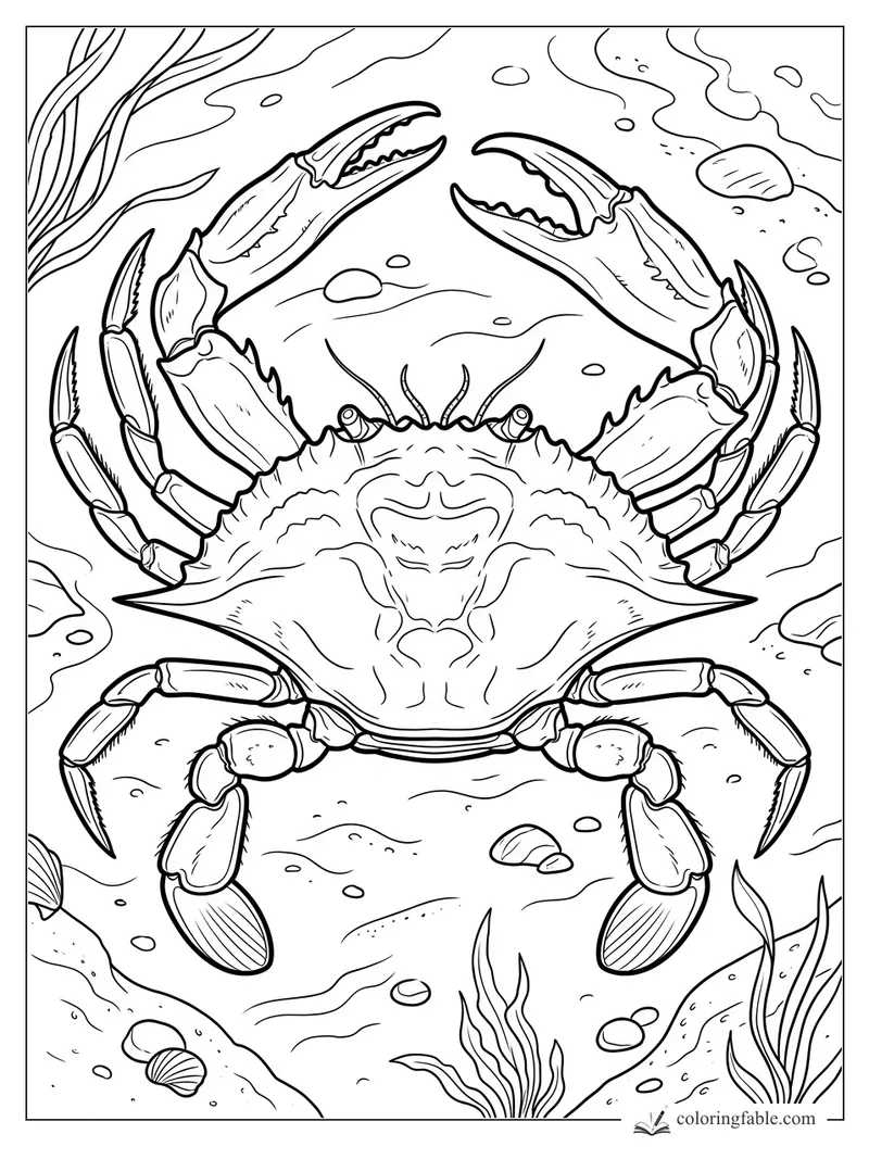 Realistic crab coloring page with raised claws, segmented legs, seaweed, shells, and sandy seafloor rocks.