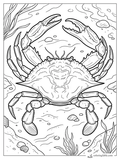 Realistic crab coloring page with raised claws, segmented legs, seaweed, shells, and sandy seafloor rocks.