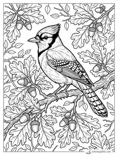 Realistic blue jay perched on an oak branch among acorns and lobed leaves coloring page