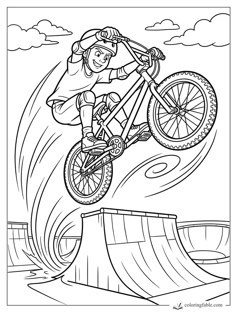 Cartoon BMX rider doing a high jump over a skatepark ramp with clouds and motion lines